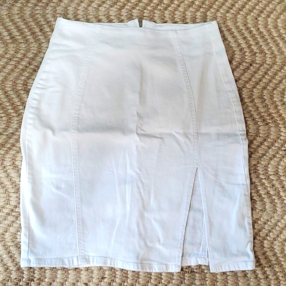 White Pencil Denim Jean Skirt with Slit